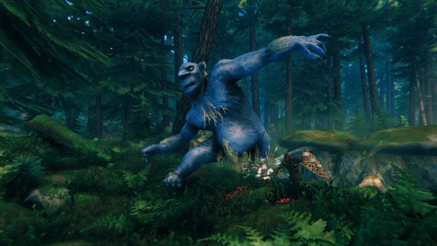 Combat encounter with blue Valheim troll in Black Forest 
