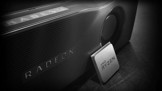An AMD Ryzen processor resting against an AMD Radeon graphics card