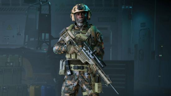 Irish is holding the SWS-10 sniper rifle in Battlefield 2042.