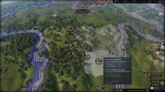 Beste CK3 -mods: een overzicht van de wereld zoals afgebeeld in P* Total Warfare, met de baronie van Luxemburg met twee legers die buiten botsen