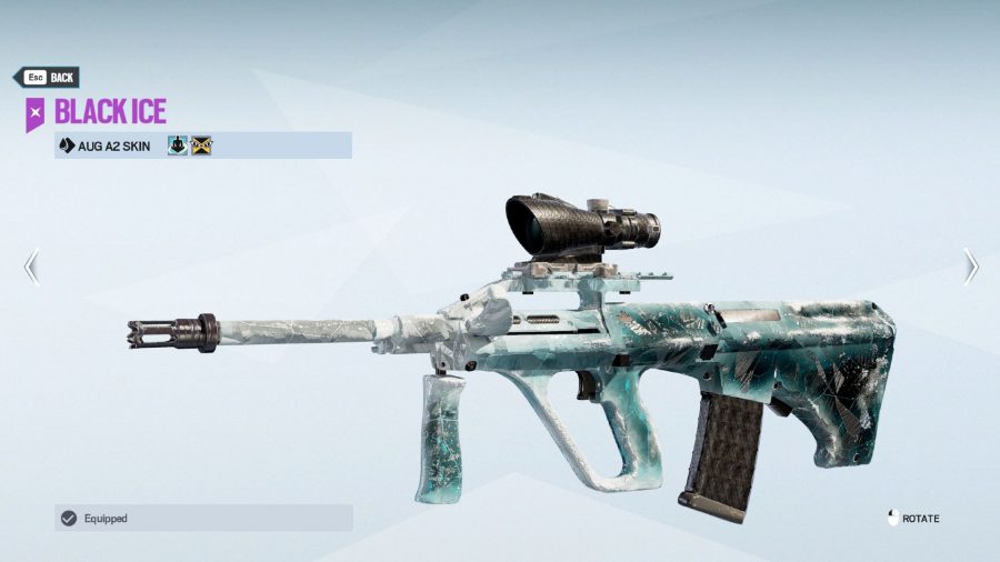 A Black Ice weapon skin for the Aug A2 in Rainbow Six Siege