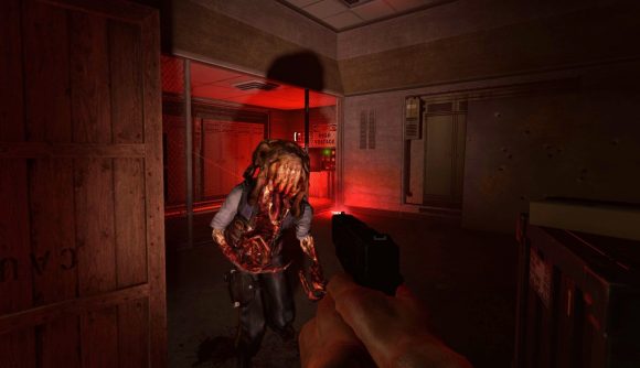 A headcrab zombie shambles toward the player in Black Mesa: Blue Shift.