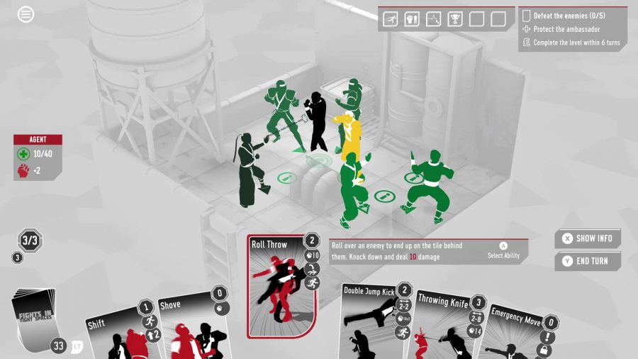 An isometric perspective of a tactical brawl in strategic card game Fights in Tight Spaces