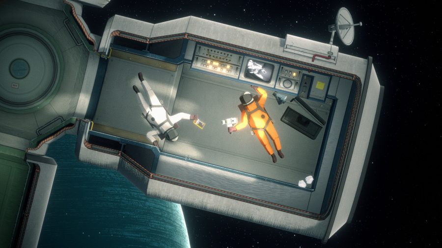 Two astronauts conquering basic movement in couch co-op game Heavenly Bodies