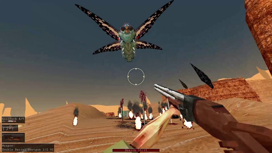 Shooting at aliens with a shotgun in Wrought Flesh