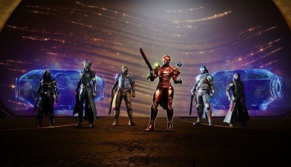Five stylish Guardians pose in a group shot in Destiny 2.