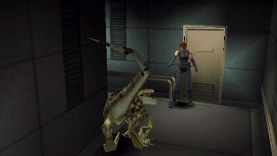 Regina from Dino Crisis shooting a velociraptor with a pistol