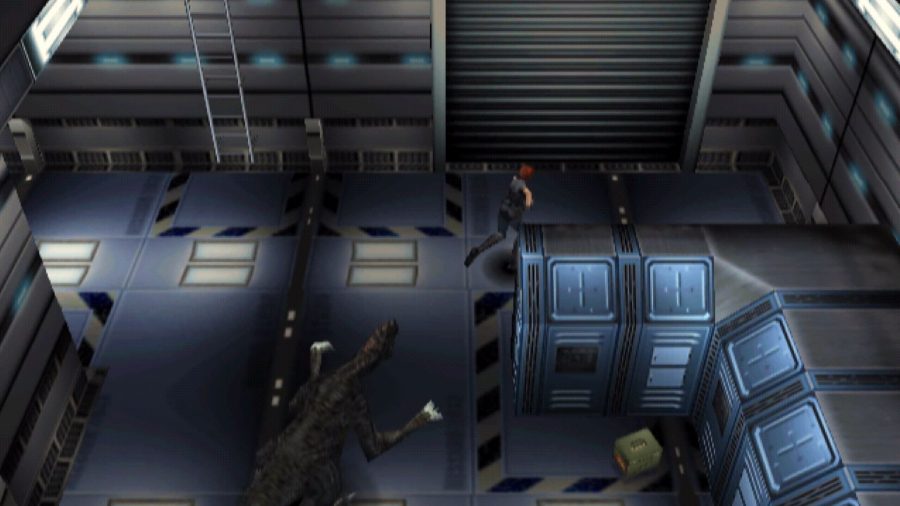 Running away from a raptor-like creature in Dino Crisis