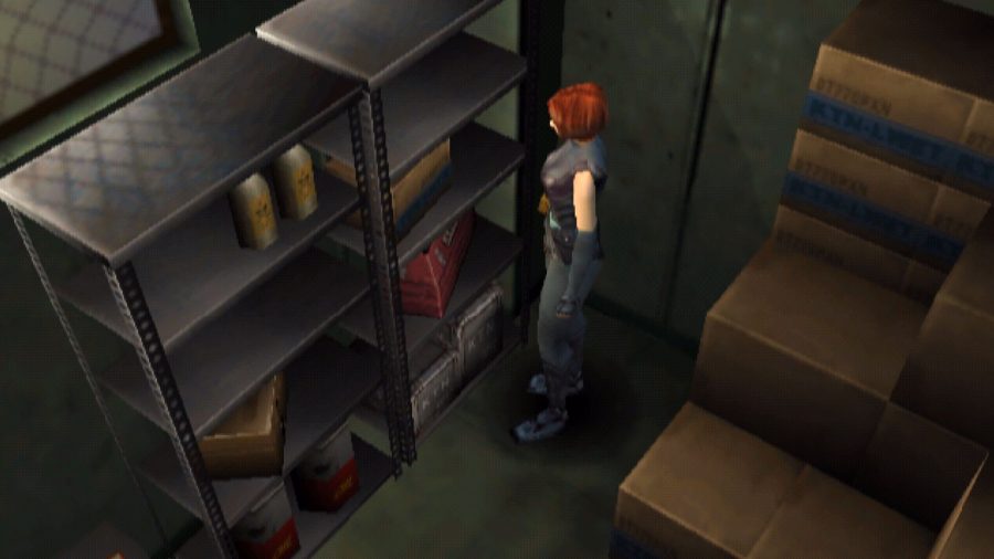 Regina from Dino Crisis lookign around some shelves in a stock room
