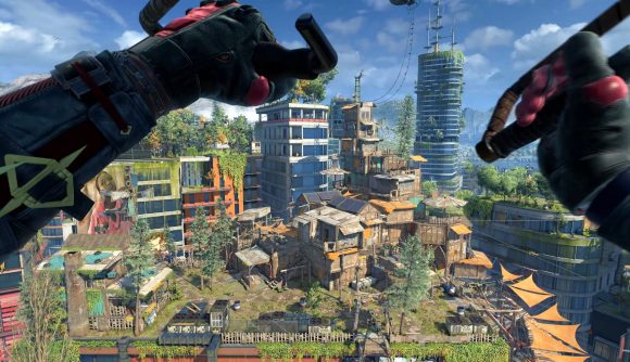 A player paraglides toward the Fisheye settlement in Dying Light 2.