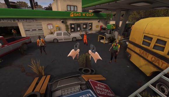 Gameplay from Zombieland Headshot Fever showing two hands holding guns pointed at zombies in a gas station forecourt