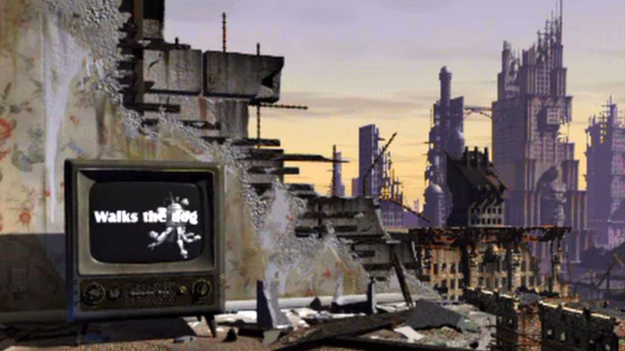 The intro cinematic from Fallout 1 showing a Radiation King TV playing pre-war ads, with a destroyed city in the background