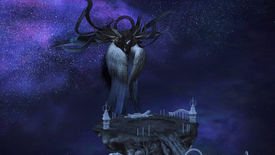 The final FFXIV Endwalker trial boss, Endsinger, with large ethereal wings and tentacles
