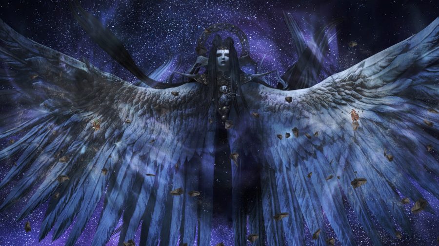 The final FFXIV Endwalker trial boss, Endsinger, a figure with ghostly wings
