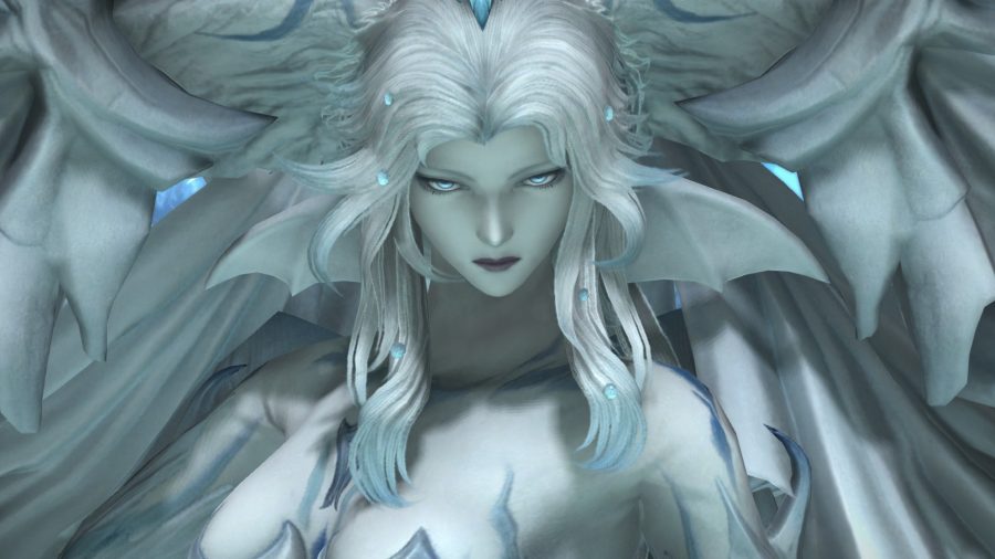 The Mothercrystal Endwalker trials boss fight; a close-up of Hydaelyn's face