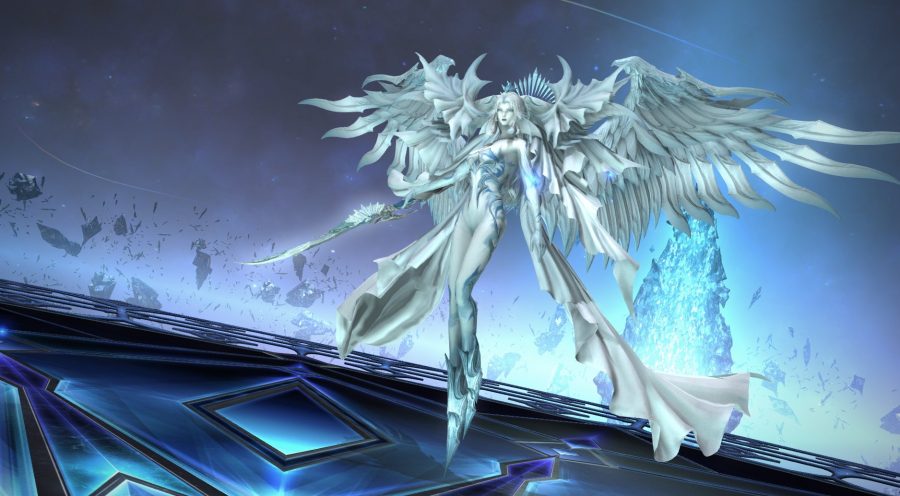 The Mothercrystal Endwalker trials boss fight; the celestial Hydaelyn hovers above the arena
