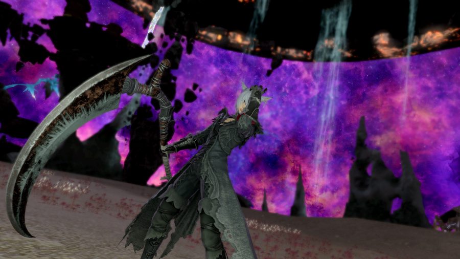 A Reaper in FFXIV wielding a scythe against a backdrop of purple clouds
