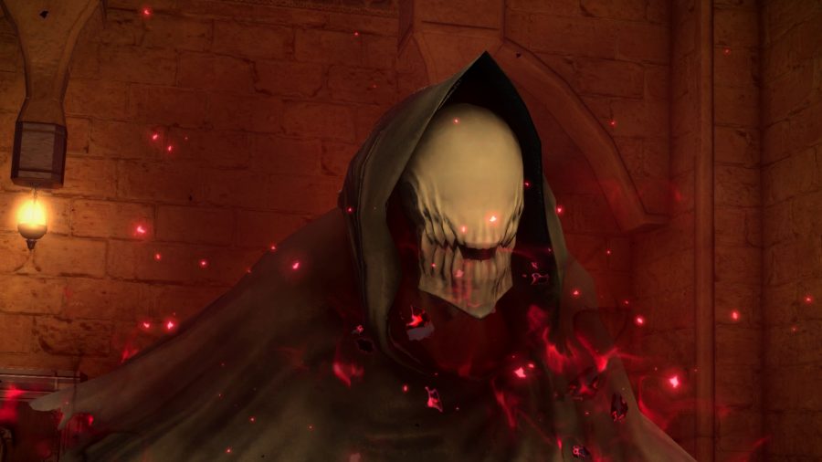 The FFXIV Reaper's avatar, a shrouded figure with an eyeless skull-like head