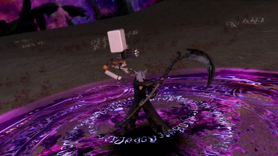 Der FFXIV Reaper steht in einem Kreis der lila Magie