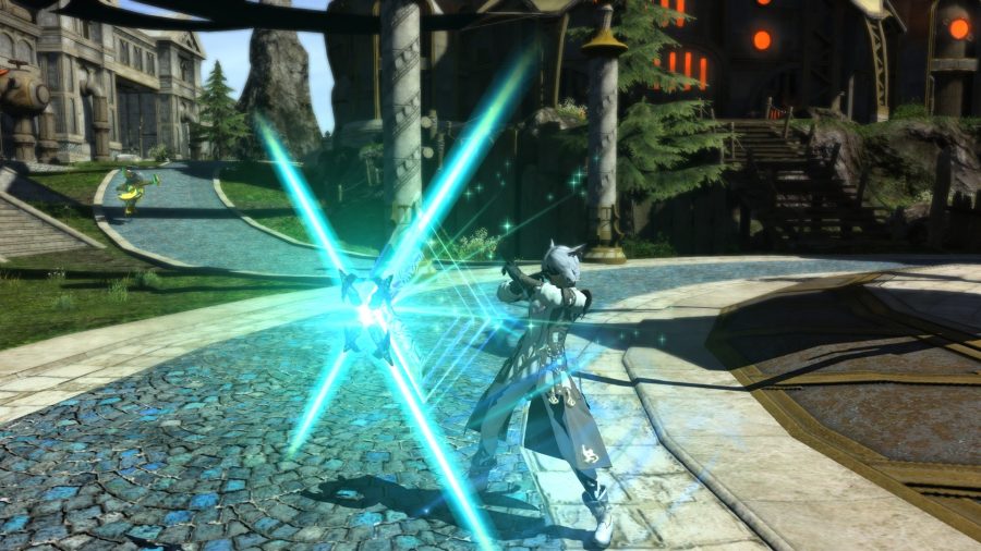 En vismand i Final Fantasy XIV ved hjælp af en færdighed, der sender bjælker af fliselys