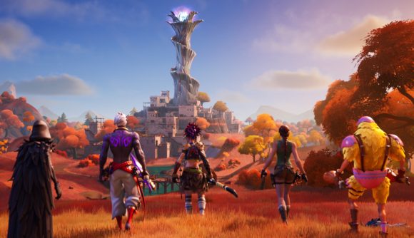 Fortnite characters approach a tower