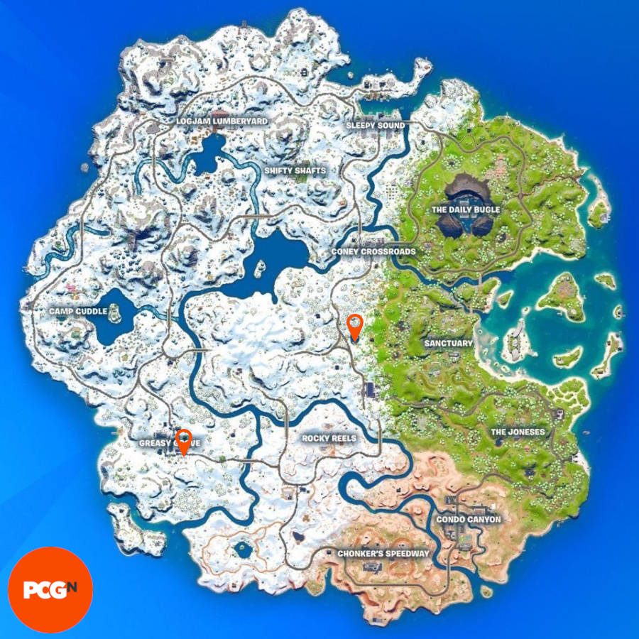 Orange pins showing where to find a snowman to ram with a vehicle in Fortnite.