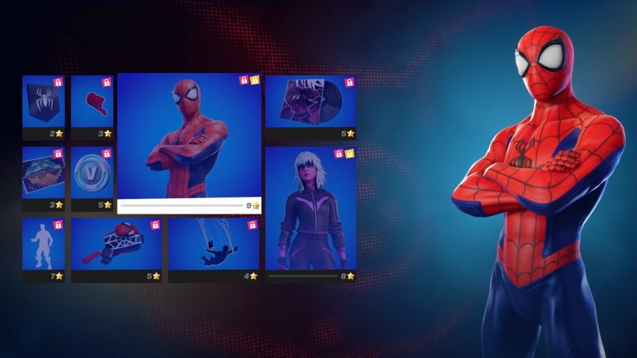 Spider-Man folding his arms next to the Fortnite Chapter 3 Season 1 battle pass contents