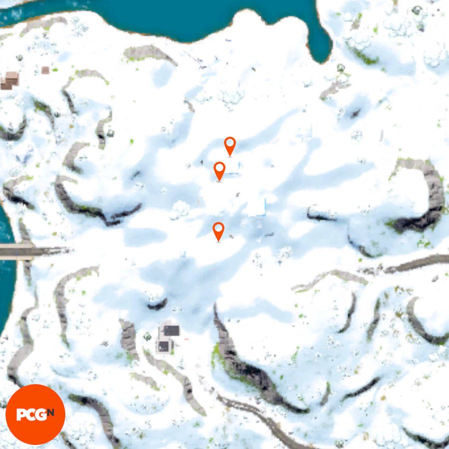 Orange pins showing where the Thrashball memorabilia locations are in Fortnite.