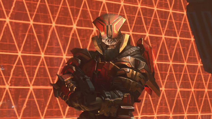Tremonus pointing a shotgun towards the camera in front of a glowing red background in Halo Infinite