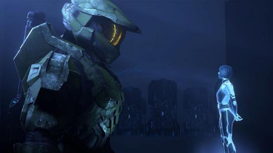 Master chief side view facing Cortana with blue backdrop