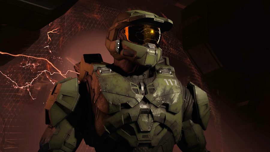 Master Chief standing in front of a red prison chamber