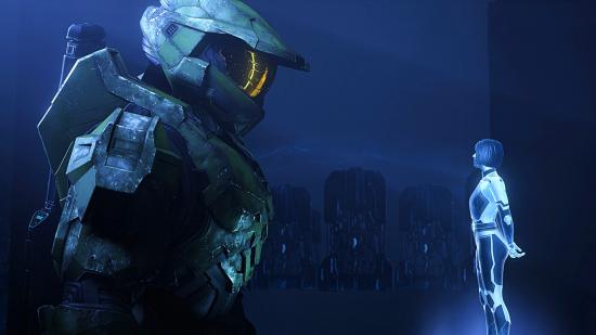 Master Chief looks at an AI during Halo Infinite's campaign