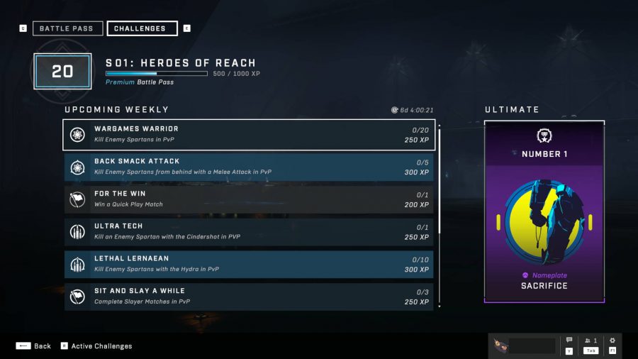 A list of the upcoming weekly challenges in Halo Infinite. The reward for a particular week is shown on the right.