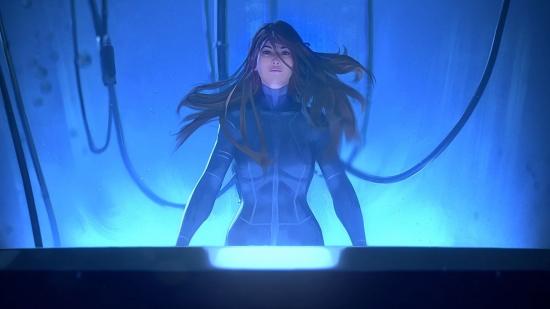 A woman gazes upward from a computer console she appears to be attached to in Homeworld 3.