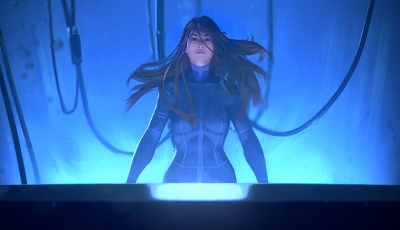 A woman gazes upward from a computer console she appears to be attached to in Homeworld 3.