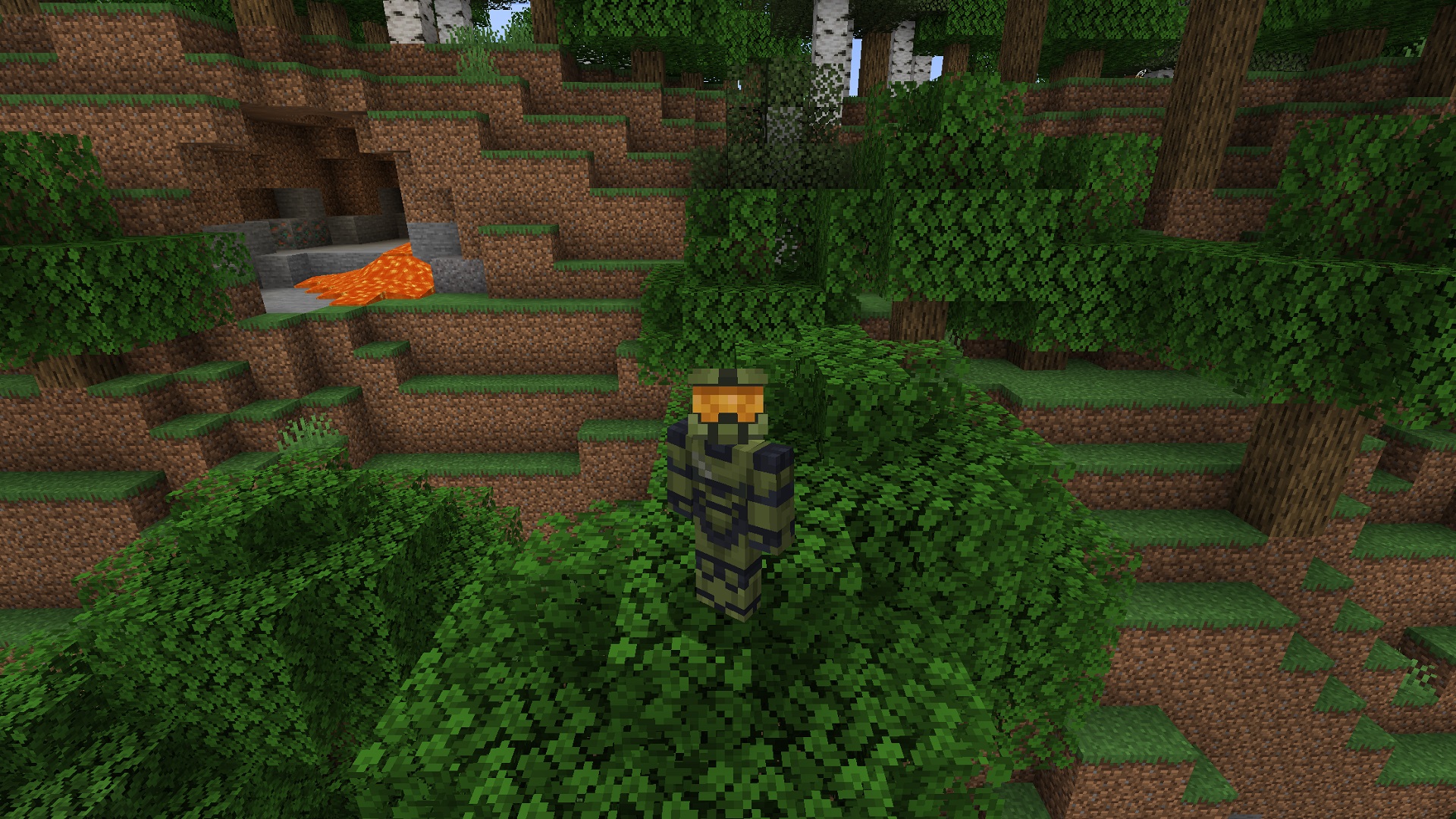 Minecraft skins: The Master Chief from Halo standing on a tree.