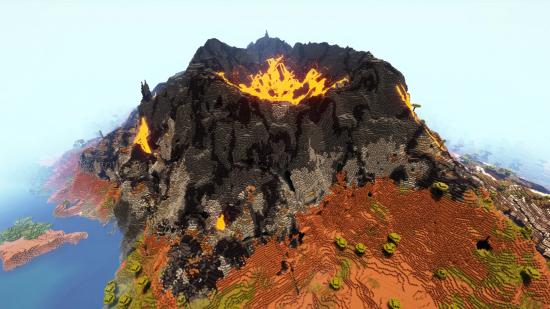 A volcano generated with the Terralith datapack for Minecraft 1.18
