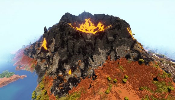 A volcano generated with the Terralith datapack for Minecraft 1.18