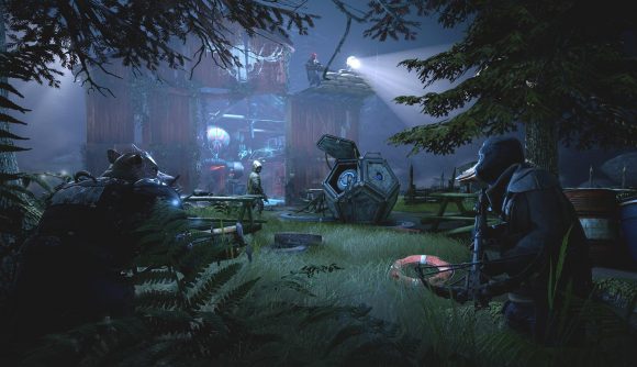 Holding a crossbow, Dux scouts an enemy base in Mutant Year Zero: Road to Eden