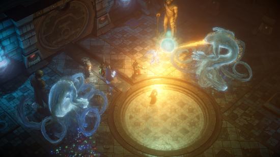 Elementals blast fire at a party in Pathfinder: Kingmaker