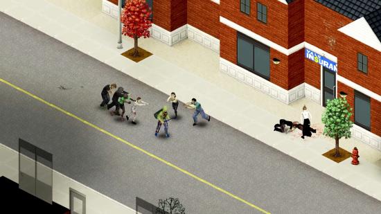 A man flees from zombies on a city street in Project Zomboid.