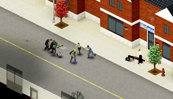 A man flees from zombies on a city street in Project Zomboid.
