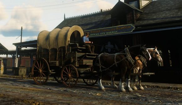 Red Dead Redemption 2's Arthur doing delivery work