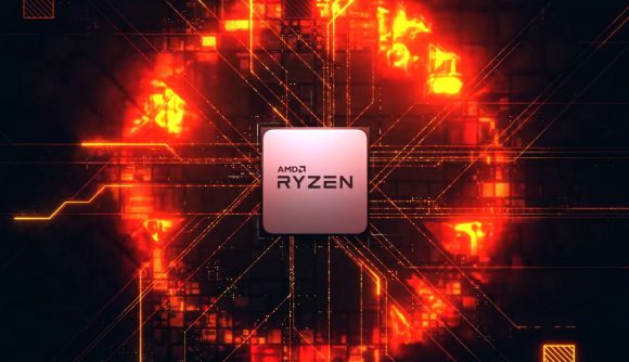 A screenshot taken from a promotional AMD Ryzen video, a 3D render of the processor rests against a dark circuit board with orange electricity expanding from it