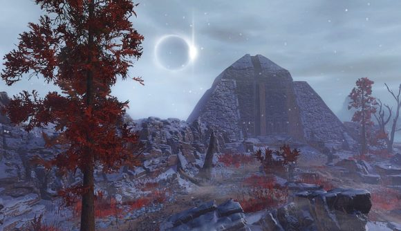 A snowy, craggy planet with a large red tree and imposing fortress in SWTOR Legacy of the Sith