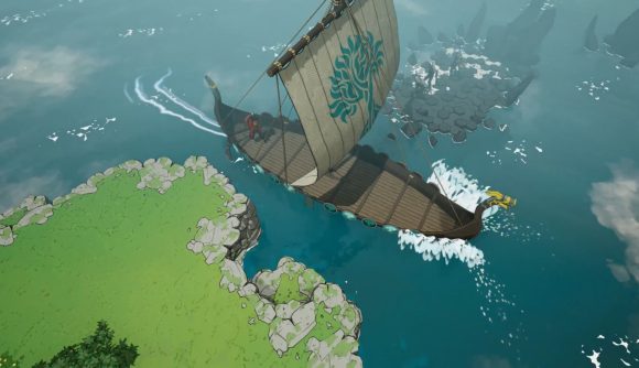 A lone Viking warrior steers a boat through a narrow channel in Tribes of Midgard.