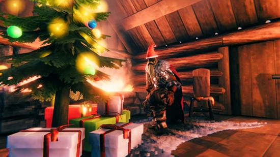 A Valheim player in Christmas duds