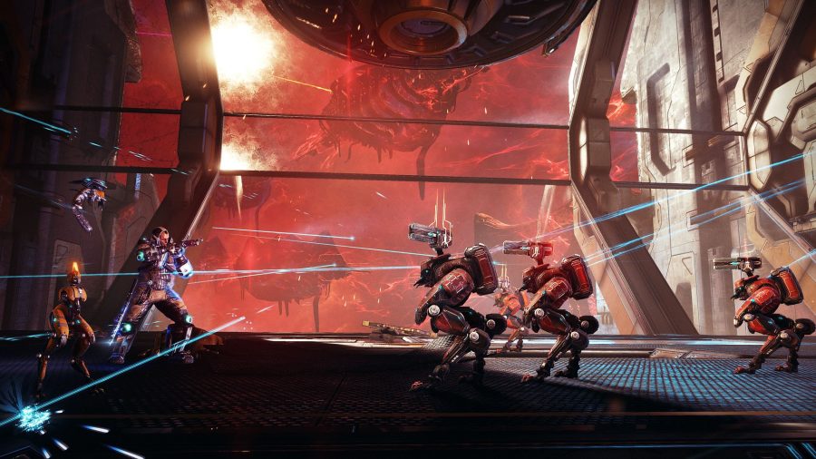 Veso and some droids battling it out in Warframe's New War expansion