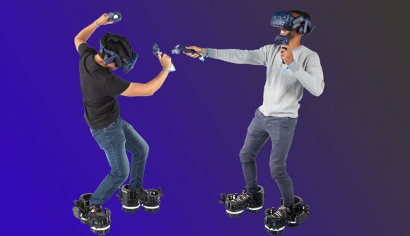 Two VR players using headsets and Ekto VR boots