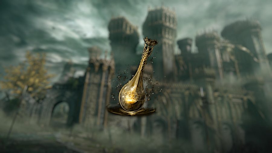 A Flask of Wondrous Physick in Elden Ring on a blurred background. It uses crystal tears to alter its effects.